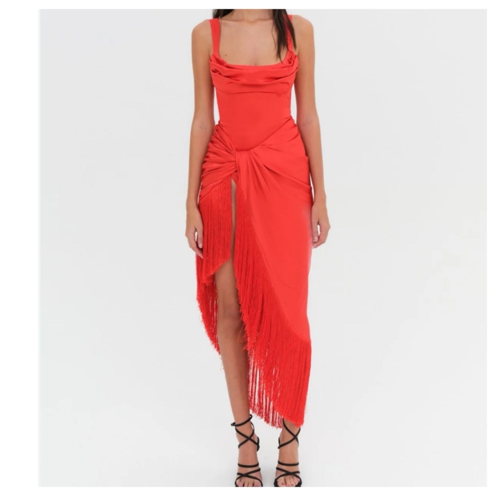 NWT For Love & Lemons Anisa Asymmetrical Silk Fringe Midi Dress - Picture 3 of 17